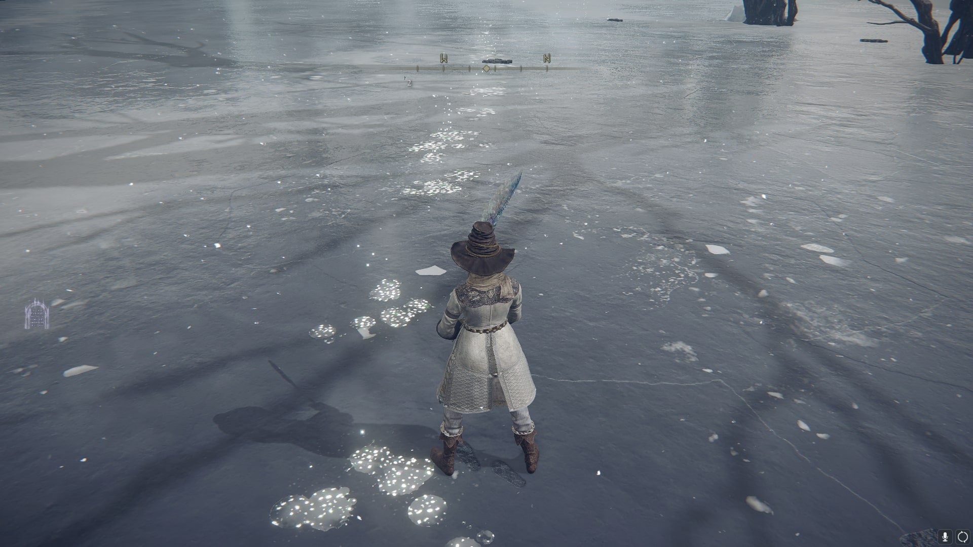 The player looks at the footsteps of an invisible scarab in the Freezing Lake in Elden Ring - 4