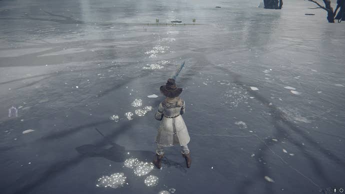 The player looks at the footsteps of an invisible scarab in the Freezing Lake in Elden Ring