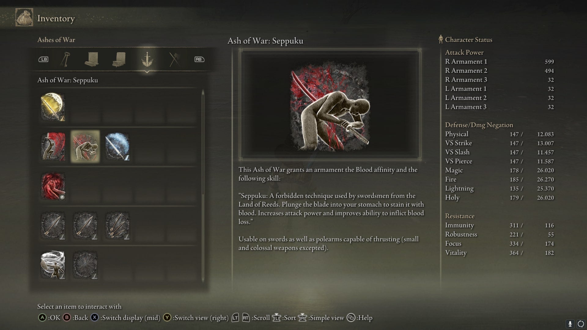 The Seppuku Ash of War is shown in the player inventory in Elden Ring - 5
