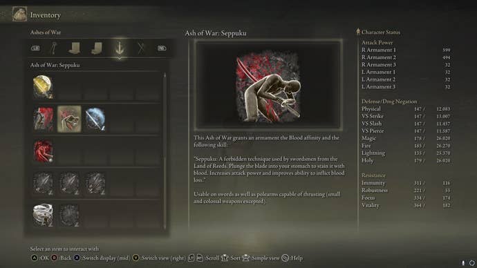 The Seppuku Ash of War is shown in the player inventory in Elden Ring