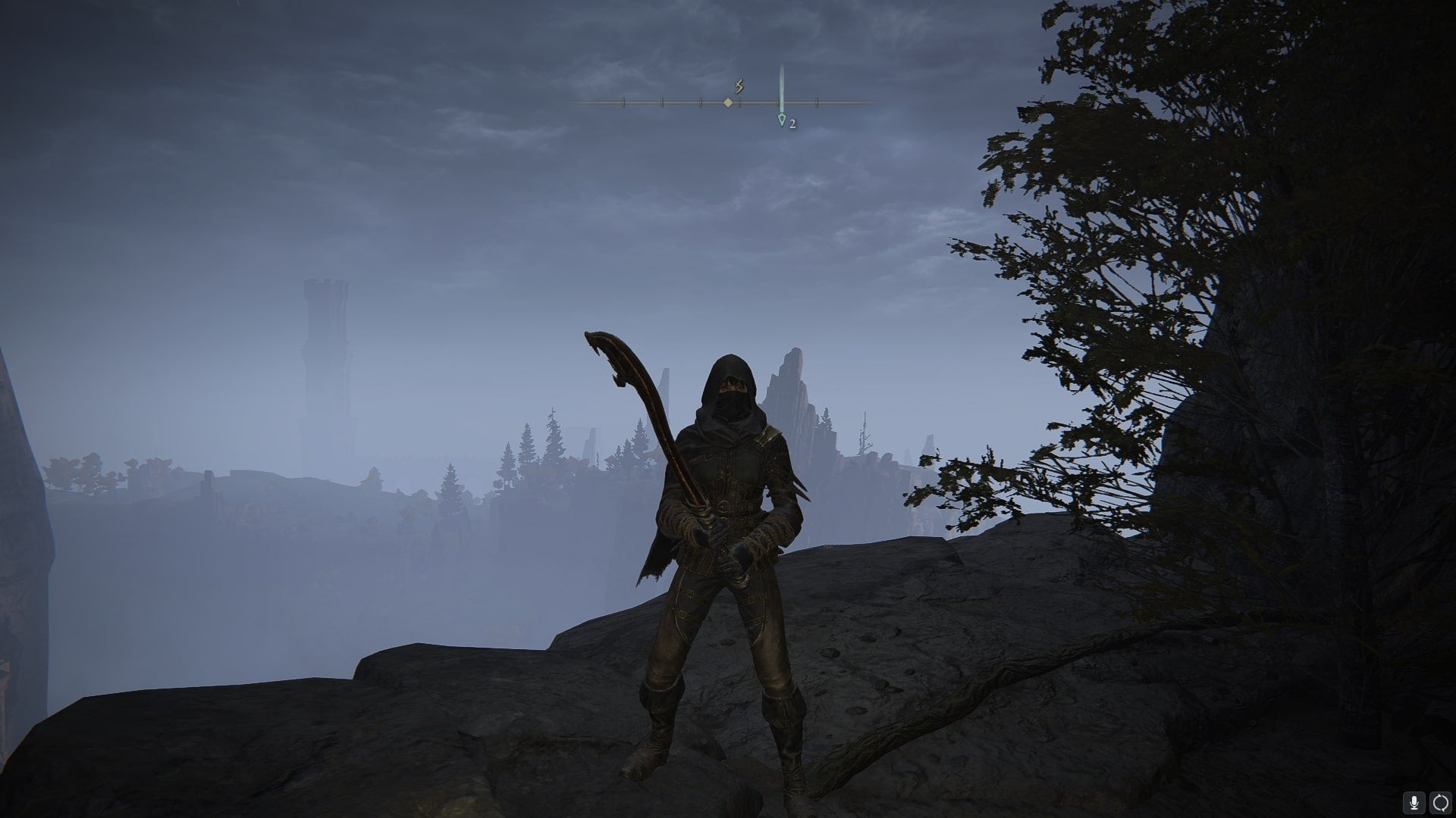The player wields the Serpent God&rsquo;s Curved Sword while standing by Ruin-Strewn Precipice Overlook in Elden Ring