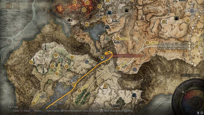 The location of, and route to, the Serpent God's Curved Sword is marked on the Elden Ring map
