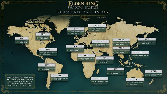The global console and PC release times for Elden Ring Shadow of the Erdtree.