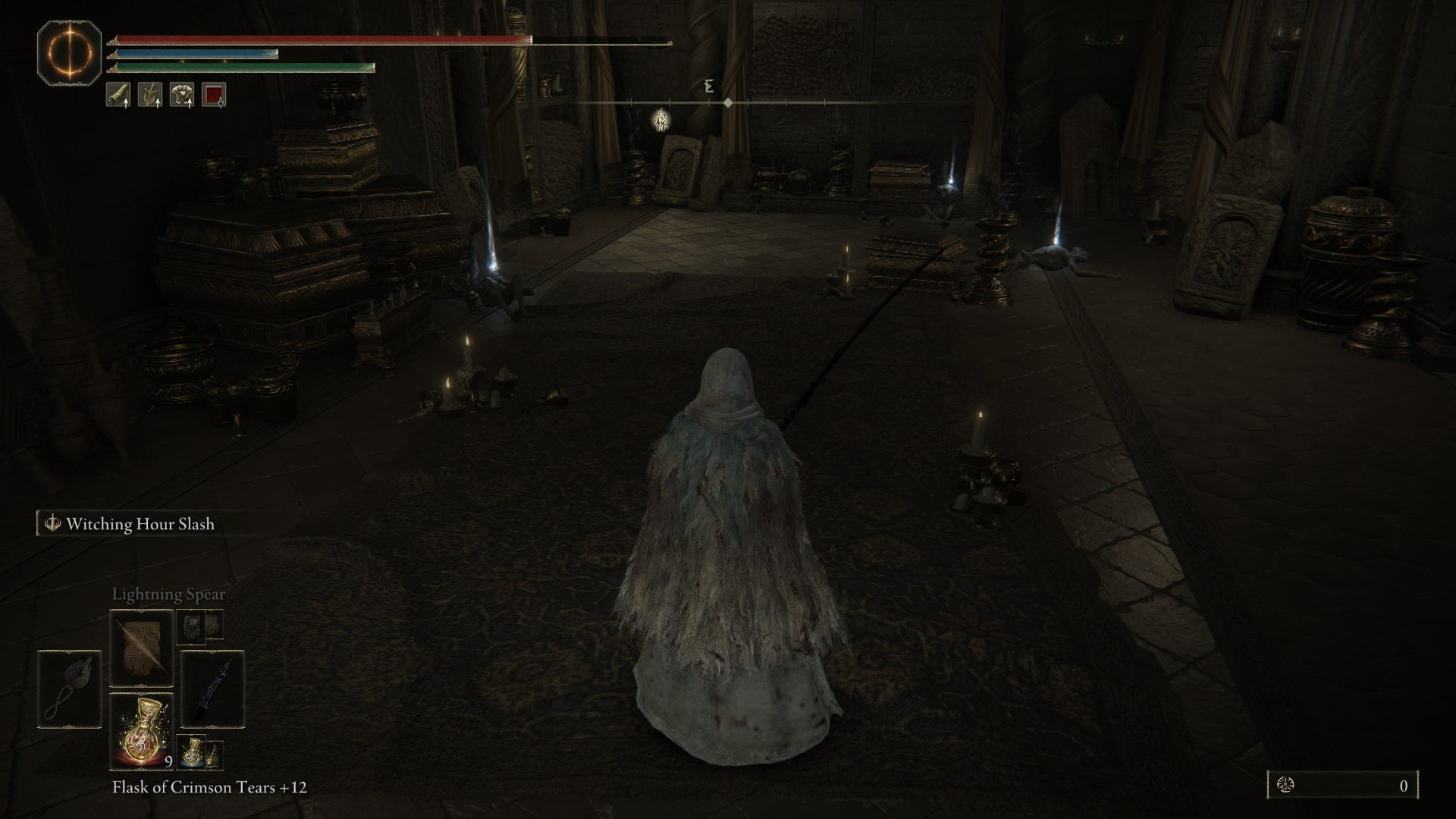 The player looks at a room with three items in it in Enir Ilim, one of which is the Horned Warrior Ashes, in Elden Ring's Shadow of the Erdtree DLC - 8