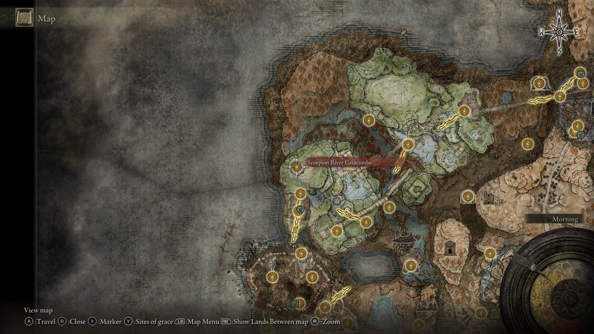 Scorpion River Catacombs - where Black Knight Huw's Ashes are located - is shown on the map in Elden Ring's Shadow of the Erdtree DLC - 7