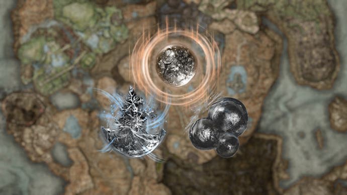 A blurred Shadow Realm map from Elden Ring with three types of Crystal Tear in the middle.