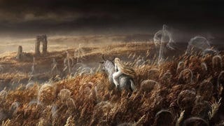 Concept art of Miquella on a horse in a golden field as part of Elden Ring Shadow of the Erdtree anncouncement.