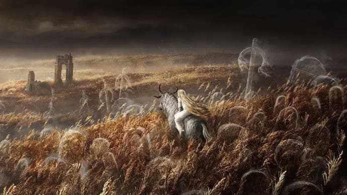 Concept art of Miquella on a horse in a golden field as part of Elden Ring Shadow of the Erdtree anncouncement.