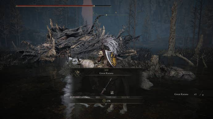 Picking up the Great Katana in Elden Ring Shadow of the Erdtree DLC.