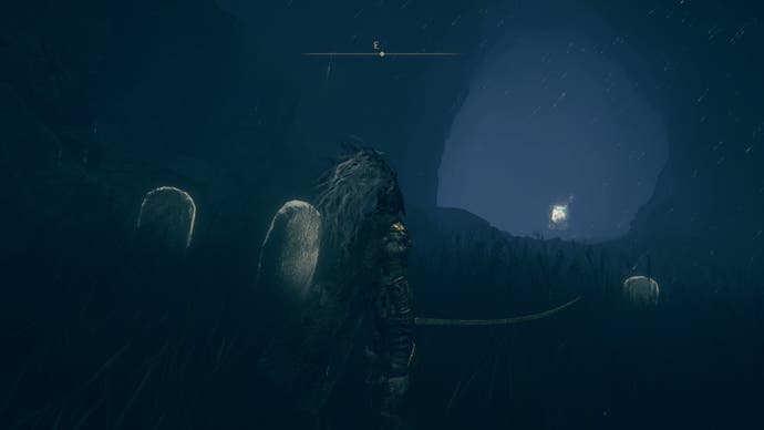 A warrior approaches a dark cave with a glowing painting inside it in Shadow of the Erdtree
