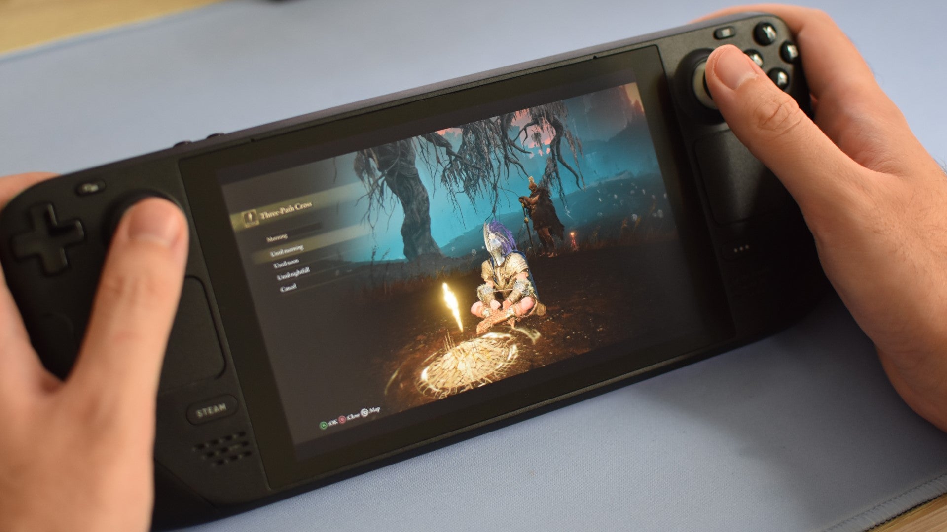 Resting at a grace site in Elden Ring: Shadow of the Erdtree, on a Steam Deck.