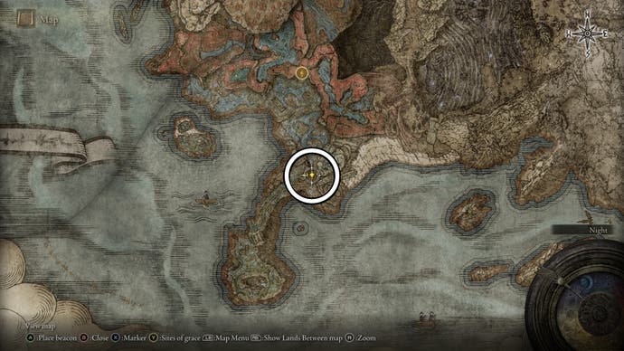 The Southern Shore map fragment location circled on the map of Elden Ring Shadow of the Erdtree DLC.
