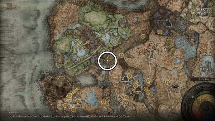 The Rauh Ruins map fragment location circled on the Elden Ring Shadow of the Erdtree DLC.