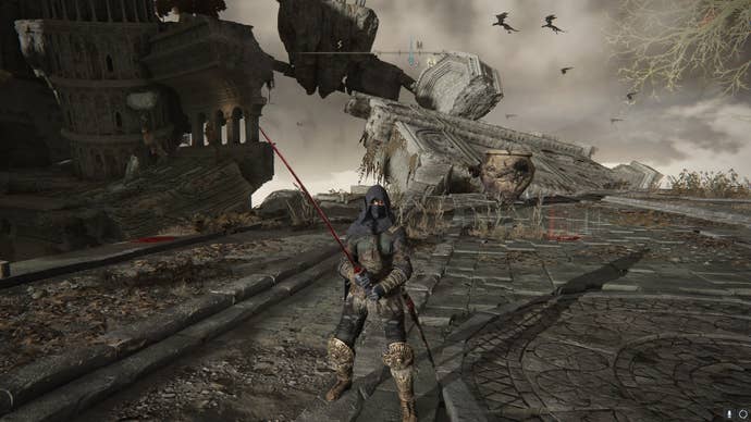 The player stands near the Dragon Temple Lift in Crumbling Farum Azula of Elden Ring