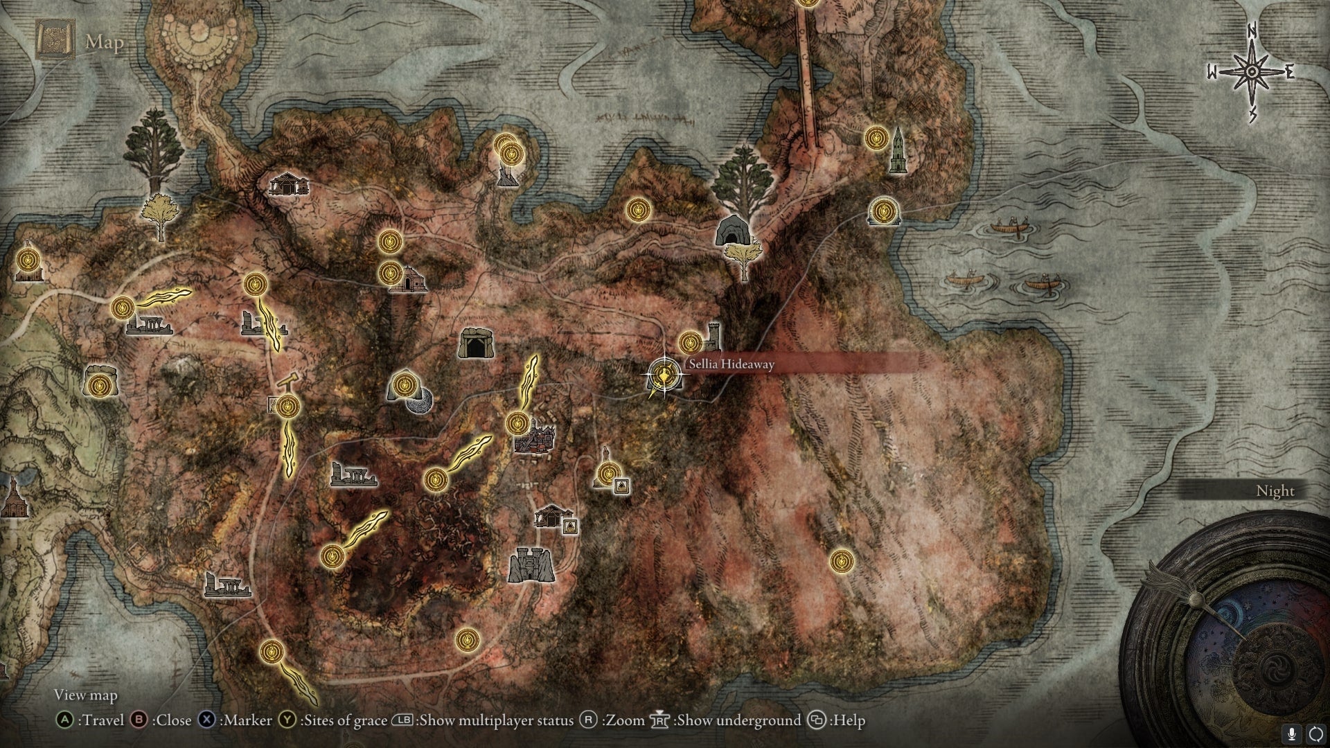 The location of Sellia Hideaway is marked on the Elden Ring