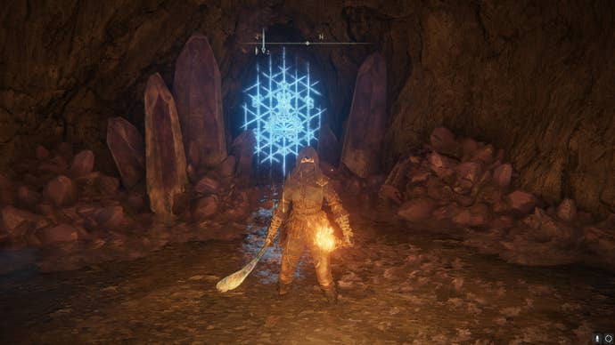 The player faces a portion of Sellia Hideaway that is locked by a seal in Elden Ring