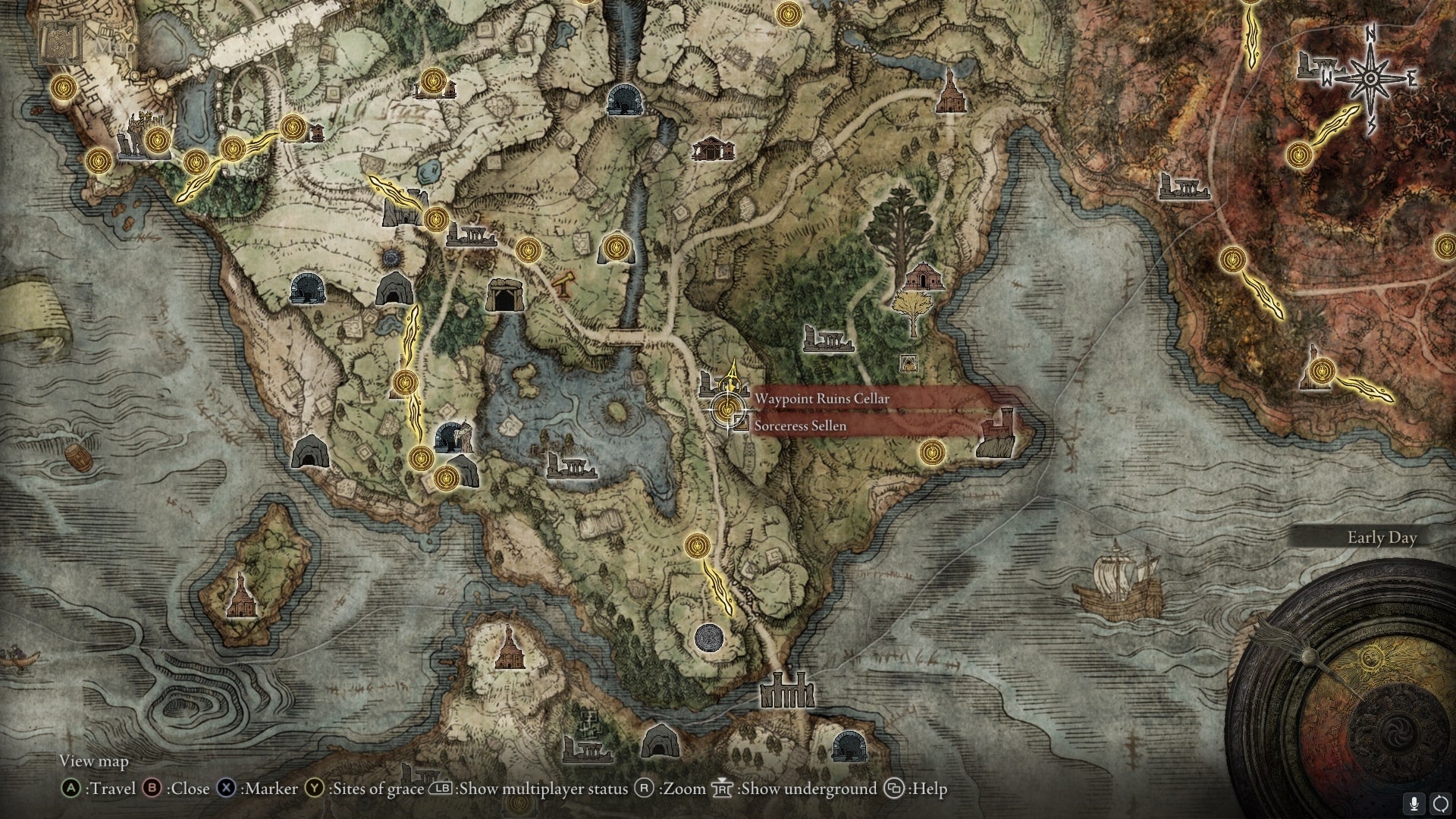 The location of Waypoint Ruins is marked on the map in Elden Ring - 3