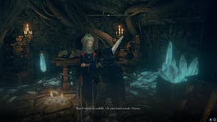 The player speaks with Sorceress Sellen at Waypoint Ruins in Elden Ring