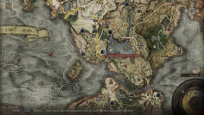 The location of the Stranded Graveyard Site of Grace, where Fringefolk Hero's Grave can be found, is marked on the Elden Ring map