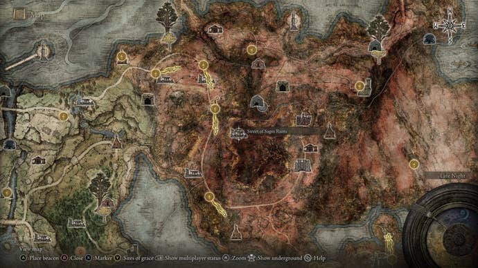 The location of the Street of Sages Ruins in Caelid is marked on the Elden Ring map
