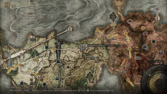 The location of Summonwater Village in Limgrave is marked on the Elden Ring map