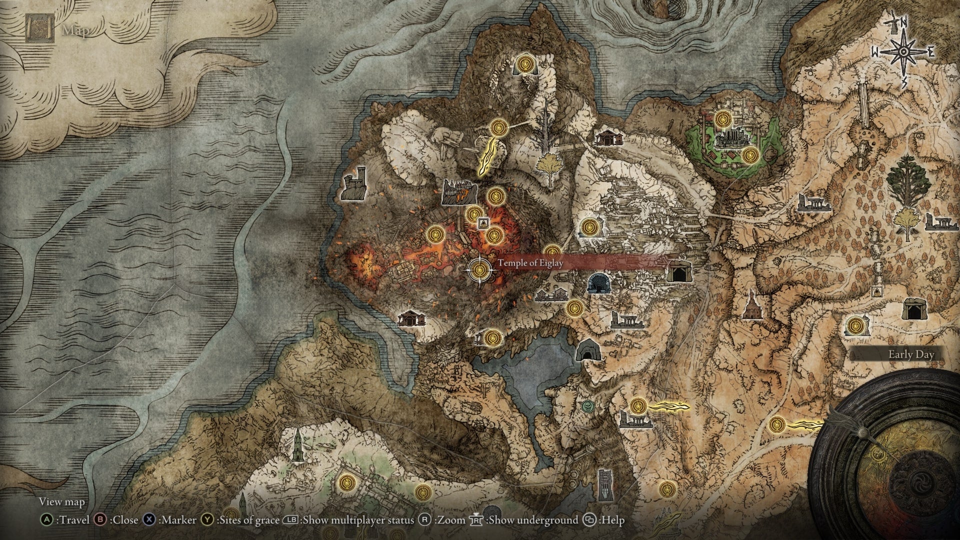The location of the Temple of Eiglay Site of Grace is marked on the Elden Ring map - 3