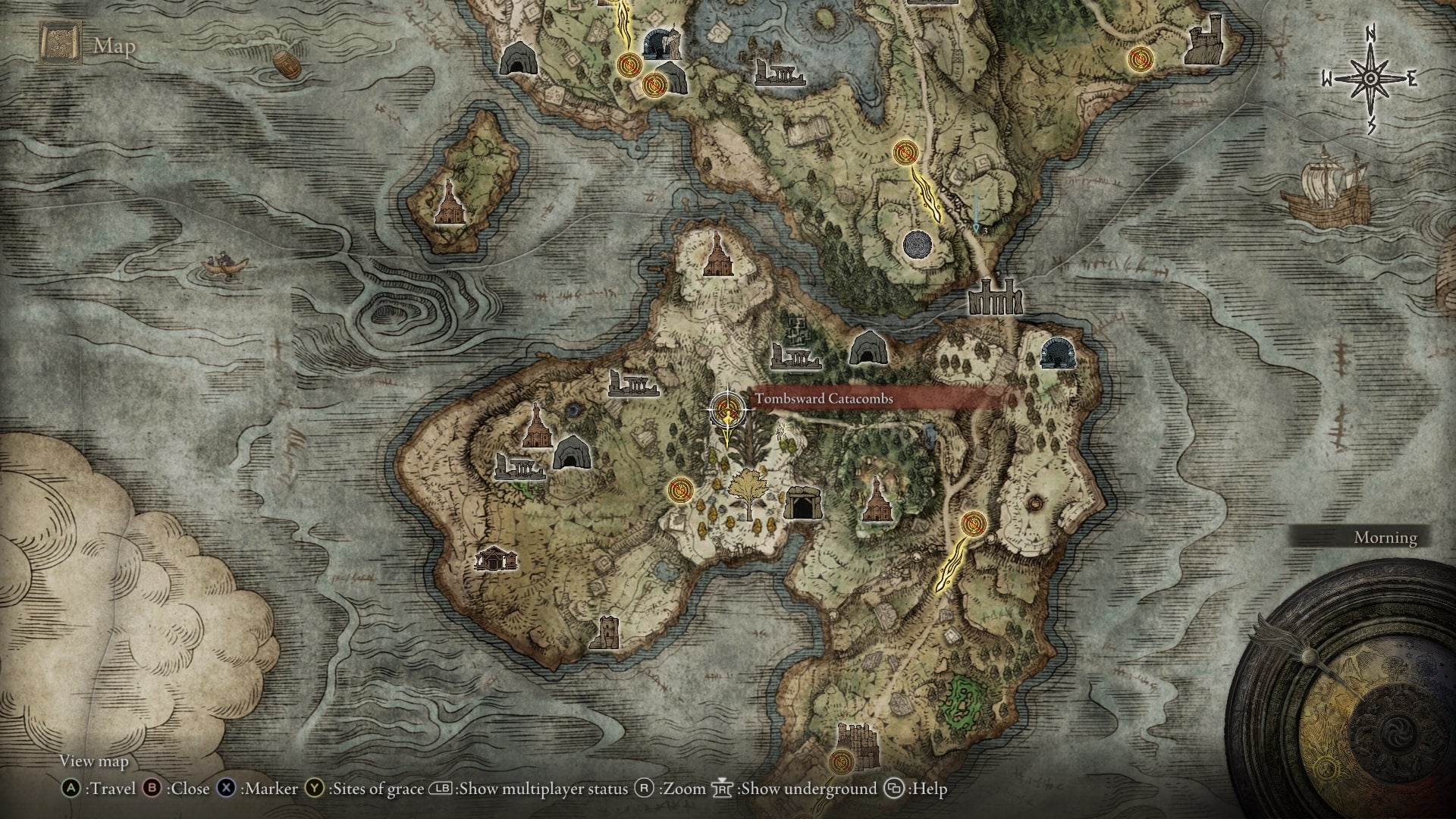 The location of the Tombsward Catacombs is marked on the Elden Ring