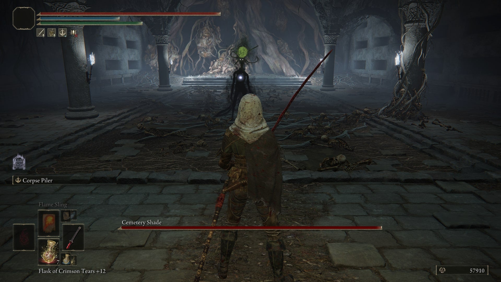 The player faces off against the Cemetery Shade boss in the Tombsward Catacombs in Elden Ring - 4