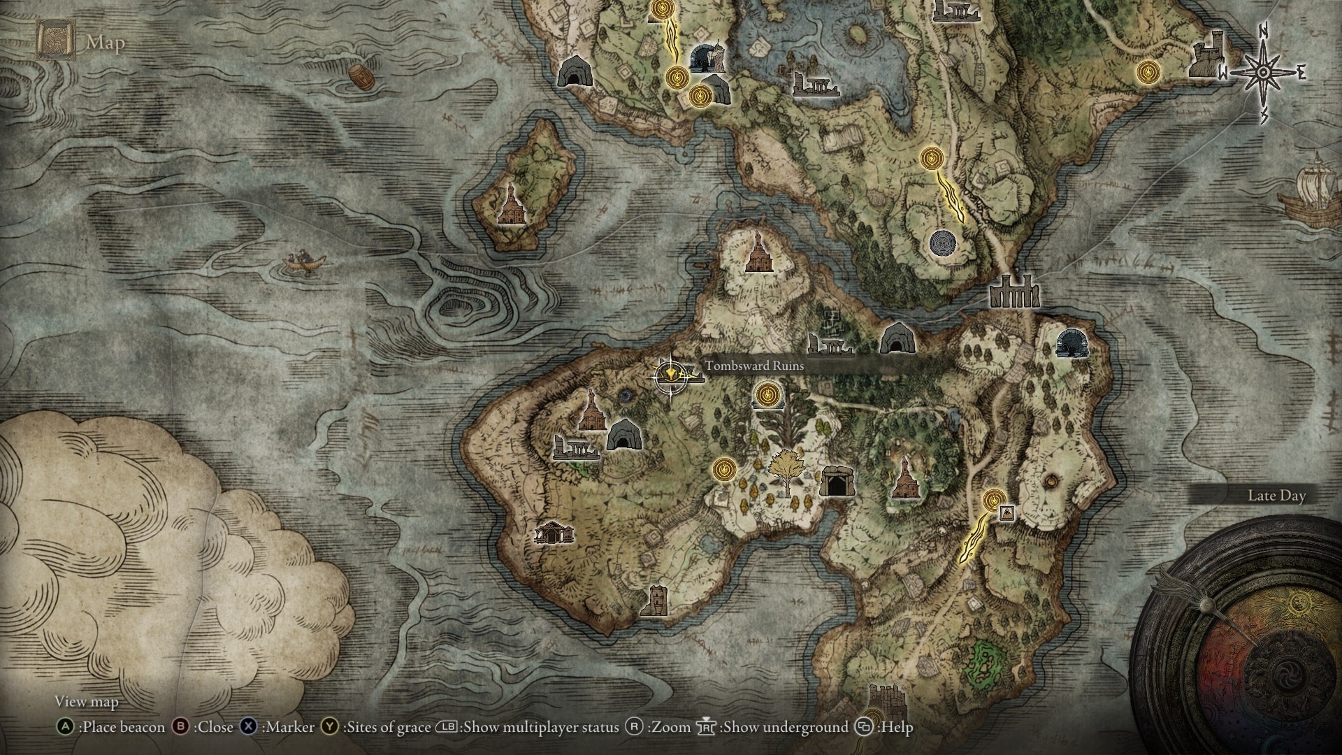 The location of Tombsward Ruins is marked on the map in Elden Ring - 3