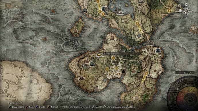 The location of Tombsward Ruins is marked on the map in Elden Ring
