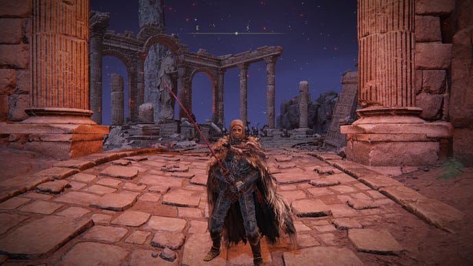 The player stands outside of Mohgwyn Dynasty Mausoleum wearing the White Mask in Elden Ring