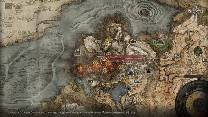 The location of Volcano Manor, and where to get Ghiza's Wheel, is marked on the Elden Ring map