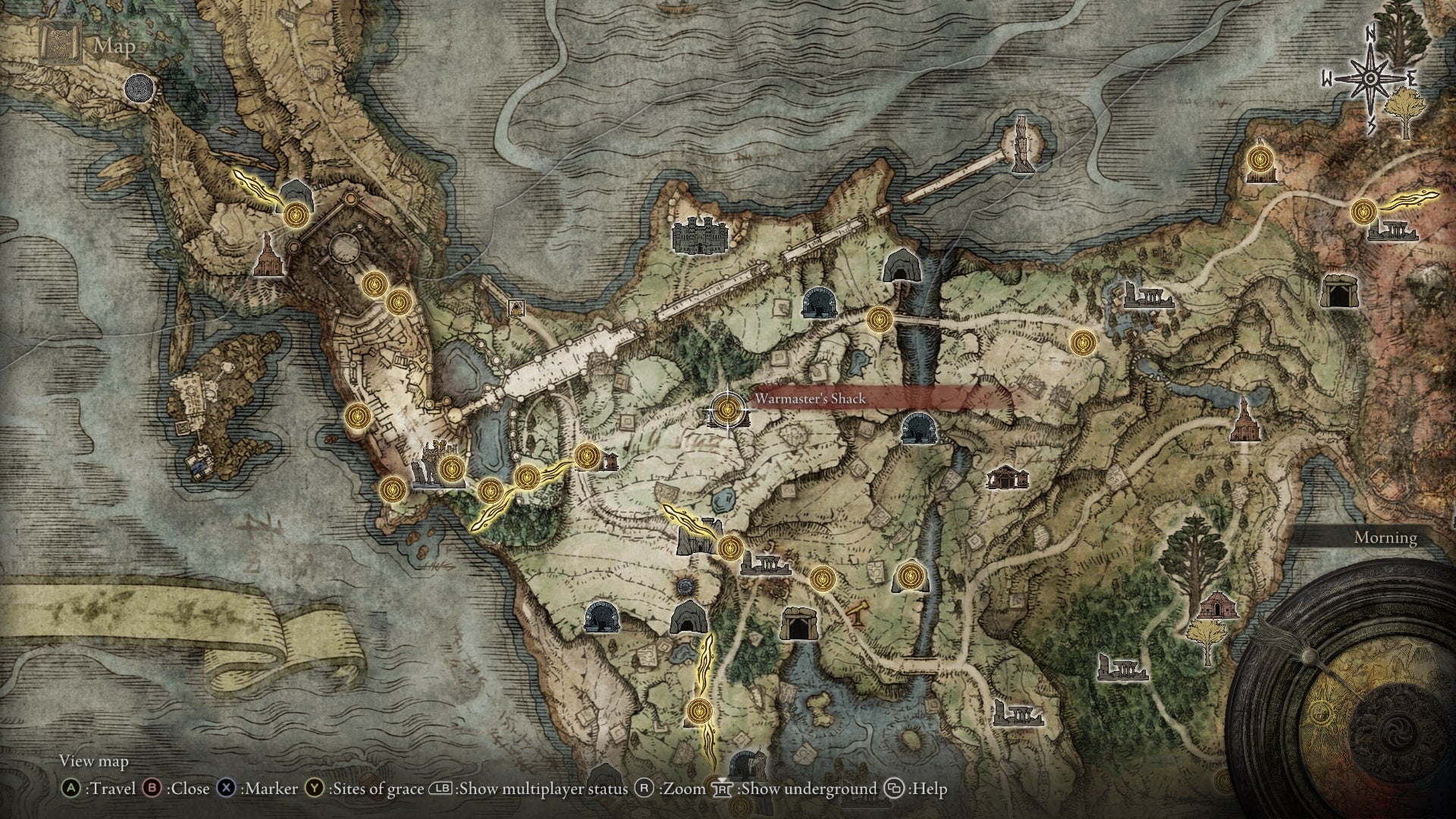 The location of the Warmaster&rsquo;s Shack in Limgrave is marked on the Elden Ring map