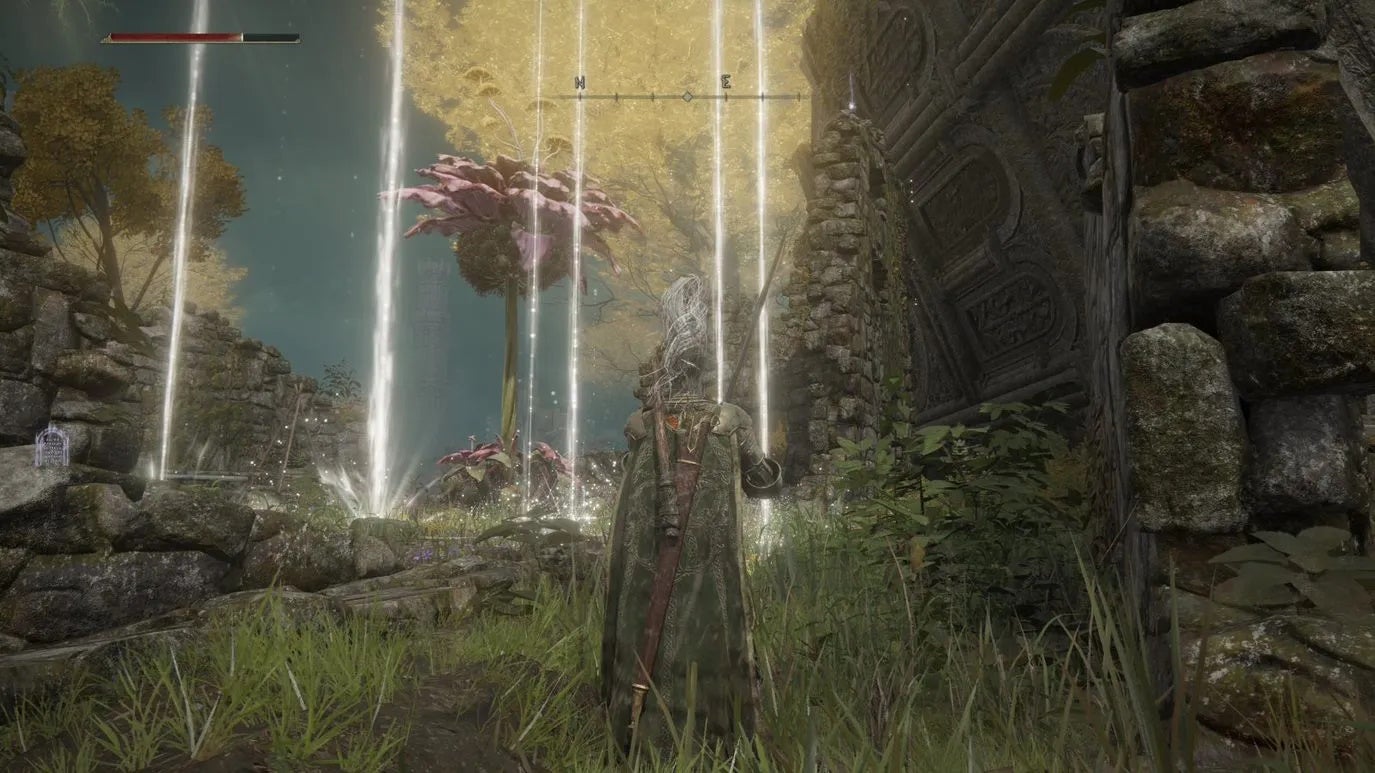 Armoured character in Elden Ring looking at a large plant enemy in the distance of the Waypoint Ruins.