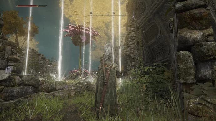 Armored Elden Ring character looking at a large enemy plant in the distance of the Waypoint Ruins.