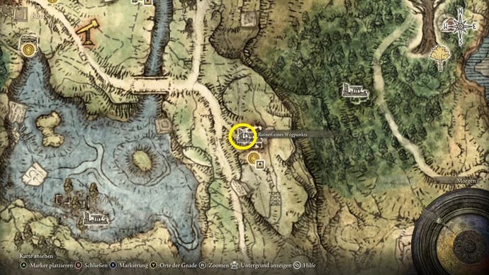 The Wapoint Ruins map location in Elden Ring is circled.