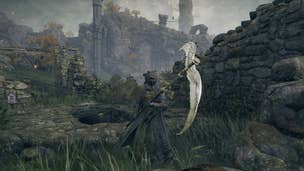 The player holds the Winged Scythe while standing in Tombsward Ruins in Elden Ring