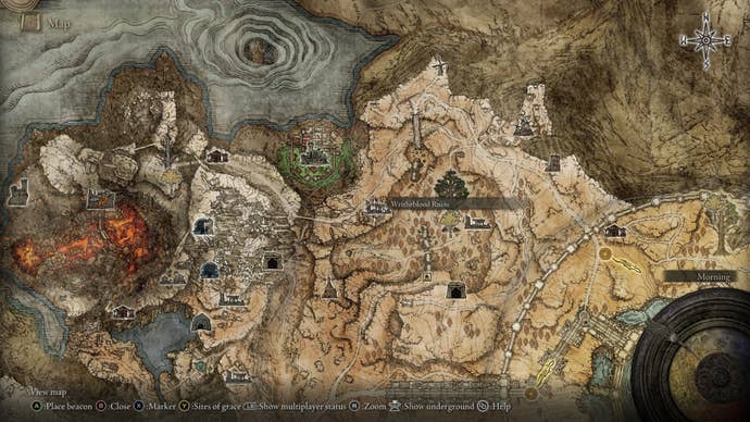The location of Writheblood Ruins in Altus Plateau is shown on the Elden Ring map