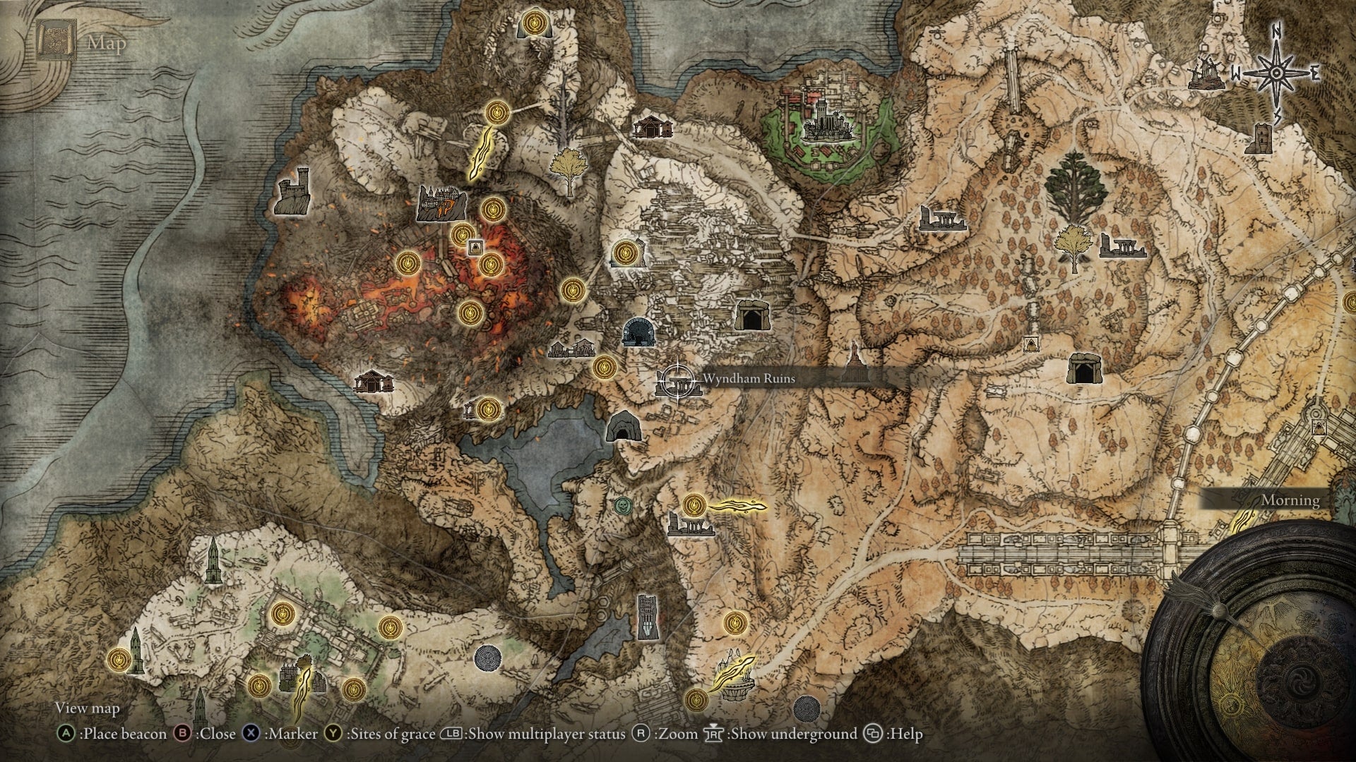 The location of Wyndham Ruins in Altus Plateau is marked on the Elden Ring map - 5