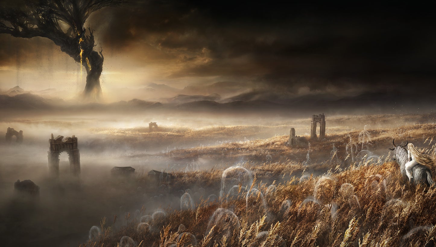 Concept art for Elden Ring's Shadow Of The Erdtree expansion, showing a burnt tree in the distance and a character riding Torrent in the foreground. - 70