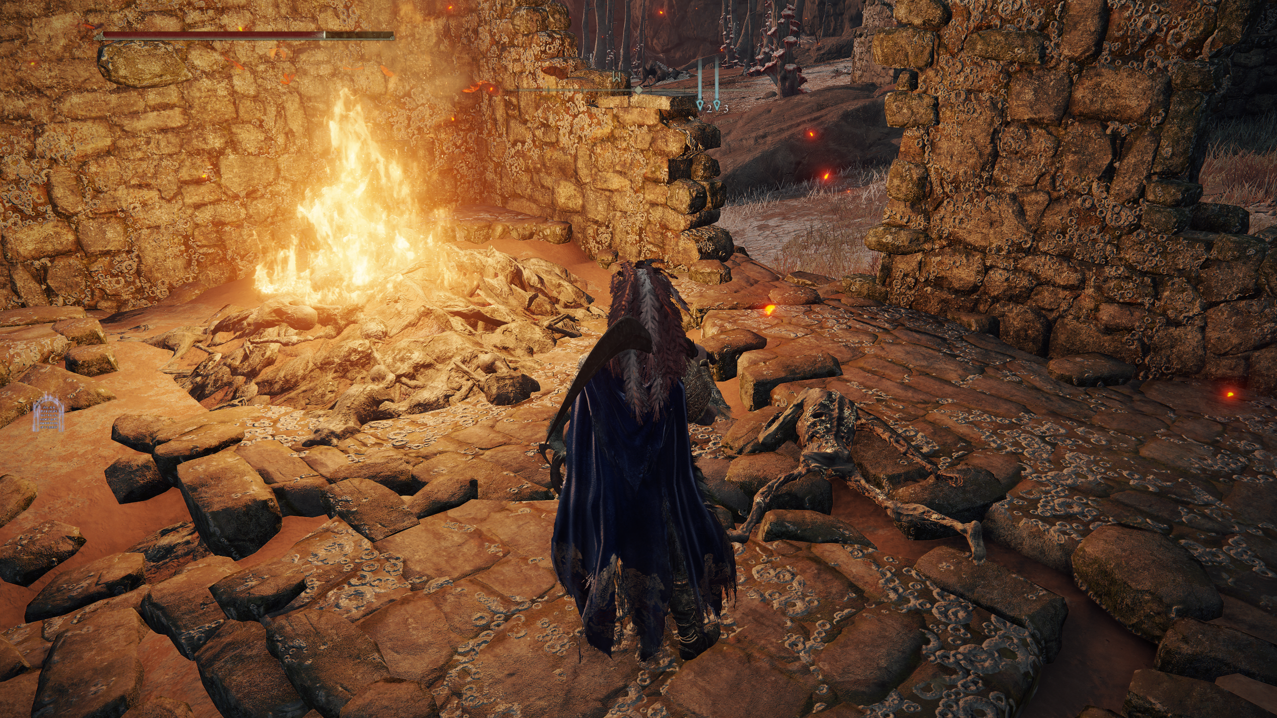 A bonfire of corpses in Elden Ring, with ray tracing effects on.