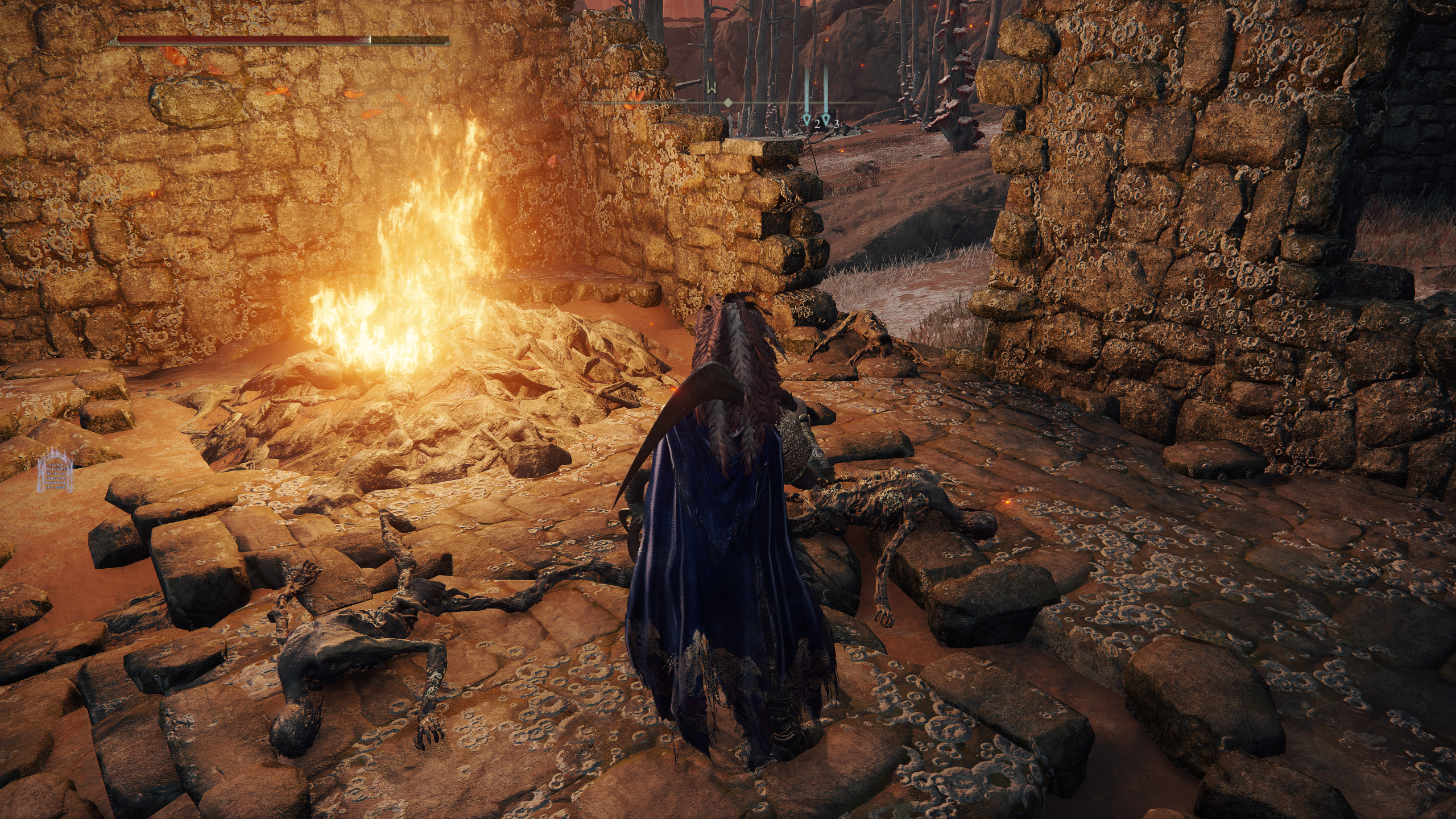 A bonfire of corpses in Elden Ring, with ray tracing effects on.