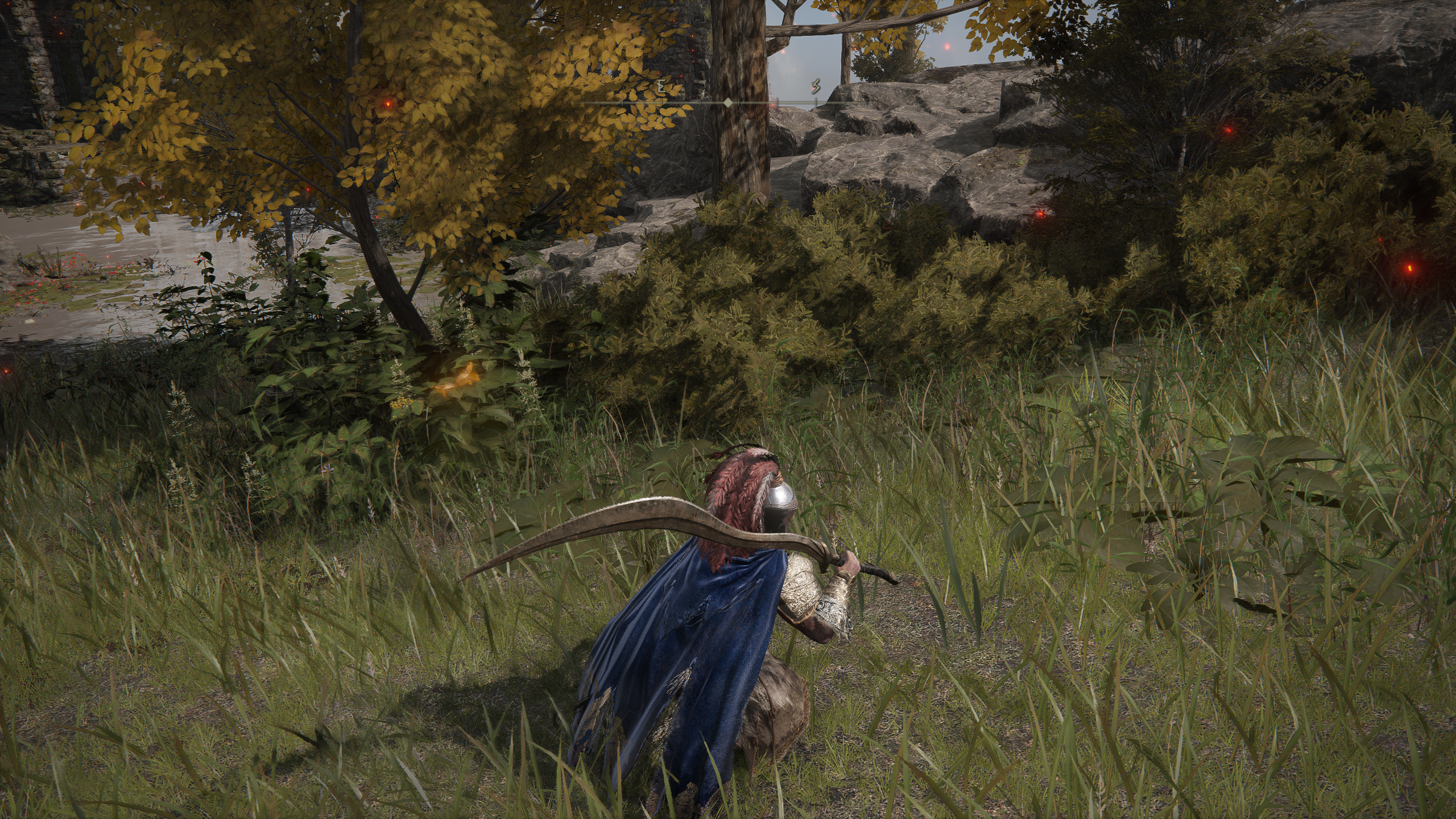Crouching near some bushes in Elden Ring, with ray tracing effects on.