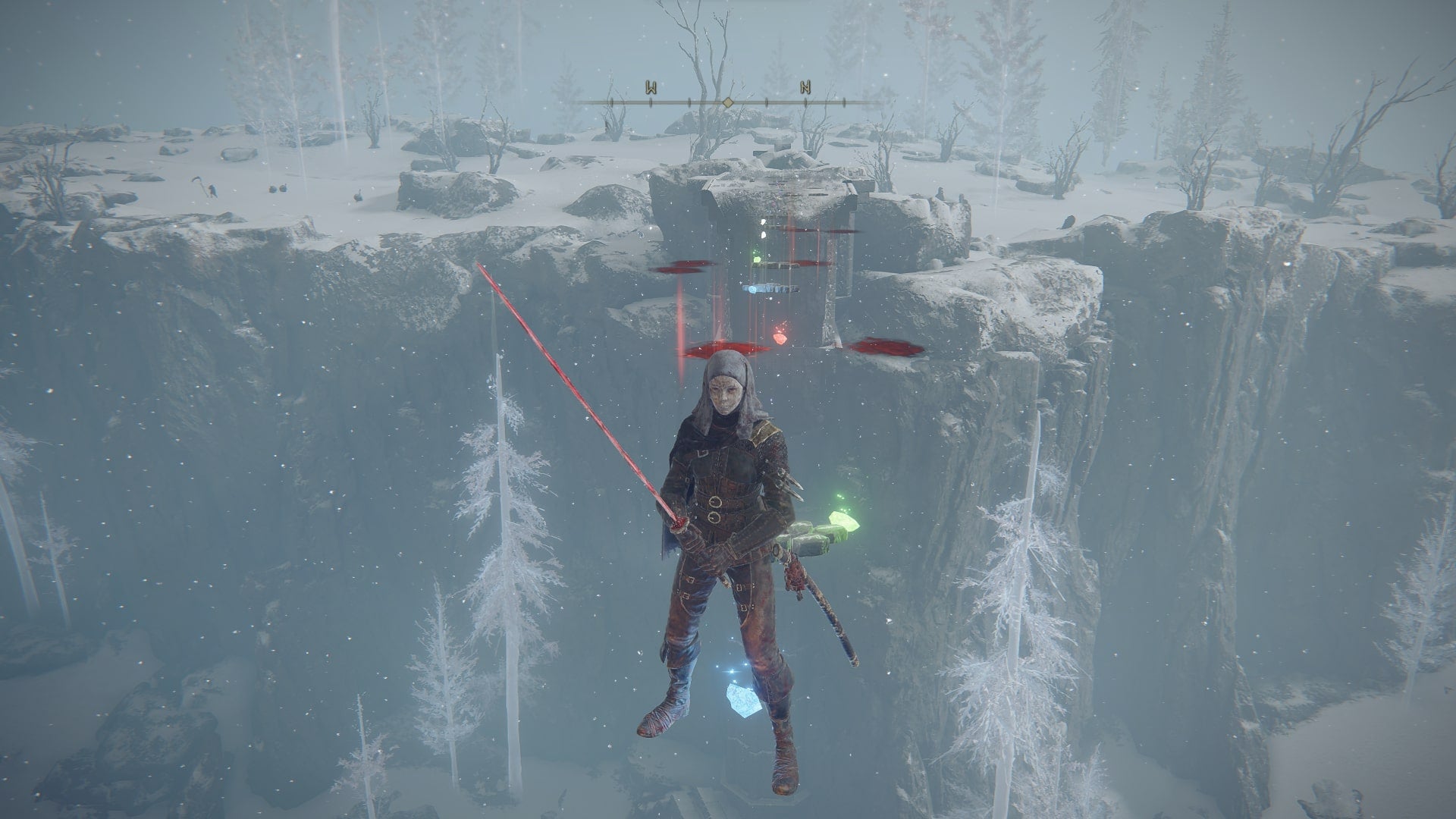 The player stands on an invisible bridge in the Mountaintops, with Rainbow Stones illuminating the way, in Elden Ring