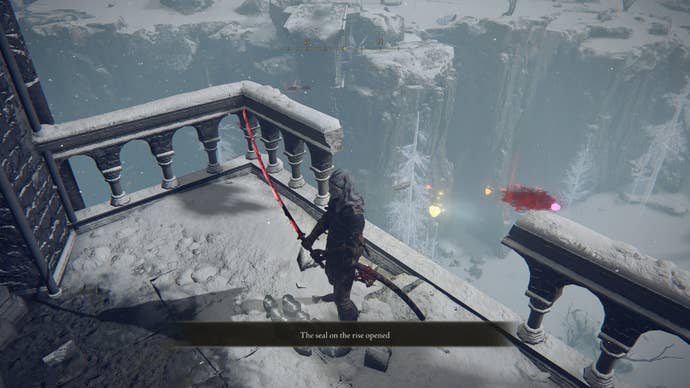 The player is stood on a balcony with an invisible staircase behind them in the Mountaintops in Elden Ring