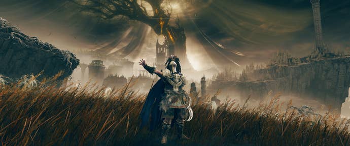 The Tarnished waves at the camera in Elden Ring: Shadow of the Ertree, running with an ultrawide resolution fix.