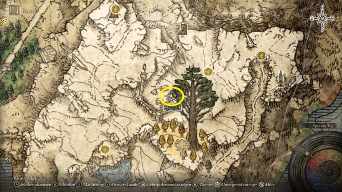 A map screen from Elden Ring showing the location of Frenzied’s Cookbook 1