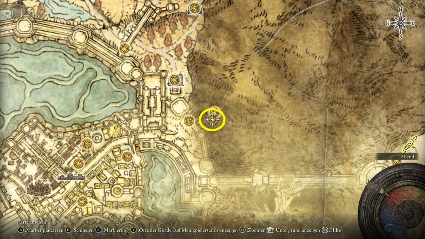 A map screen from Elden Ring showing the location of Frenzied&rsquo;s Cookbook 2