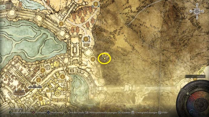 A map screen from Elden Ring showing the location of Frenzied’s Cookbook 2