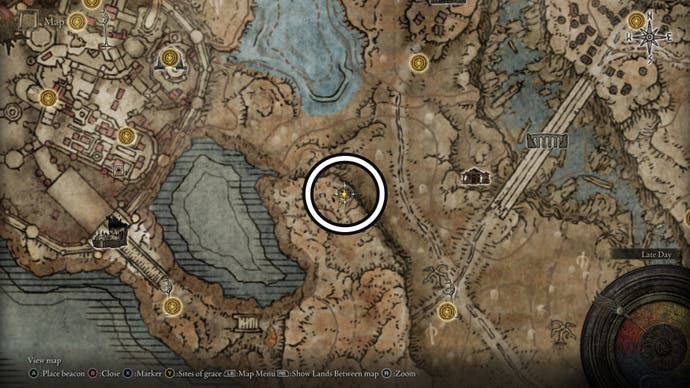 A screenshot of where to find the Ash of War: Savage Lion's Claw location on the Elden Ring Shadow of the Erdtree map.